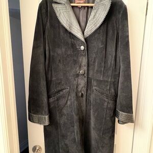 Danier Black Suede Long Trench Coat with Leather-Trim